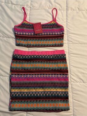 Verdusa Knit 2-Piece Set Crop Top + Mini Skirt Boho Festival L NWT
